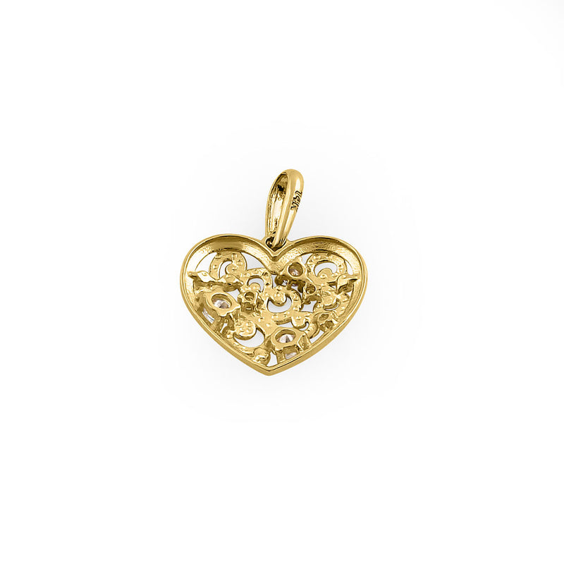 Solid 14K Yellow Gold Filigree Heart CZ Pendant