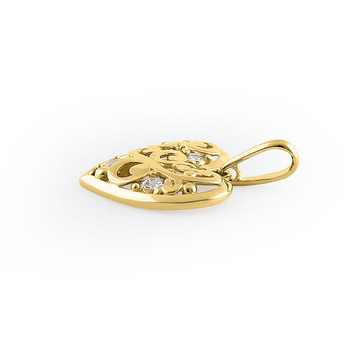 Solid 14K Yellow Gold Filigree Heart CZ Pendant