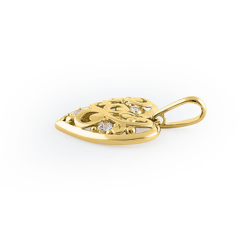 Solid 14K Yellow Gold Filigree Heart CZ Pendant