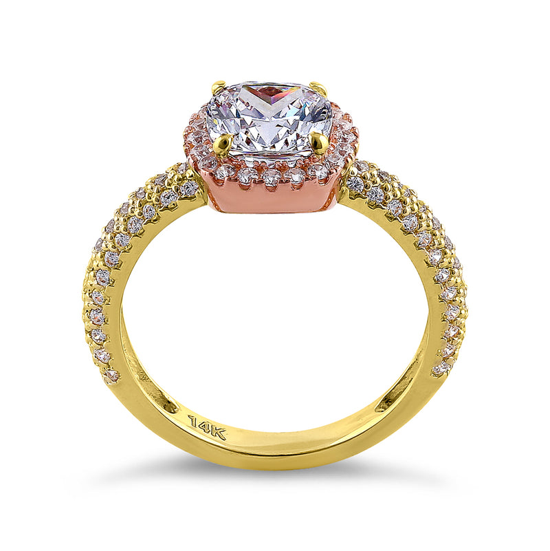 Solid 14K Yellow Gold & Rose Gold Plated Cushion Cut CZ Engagement Ring