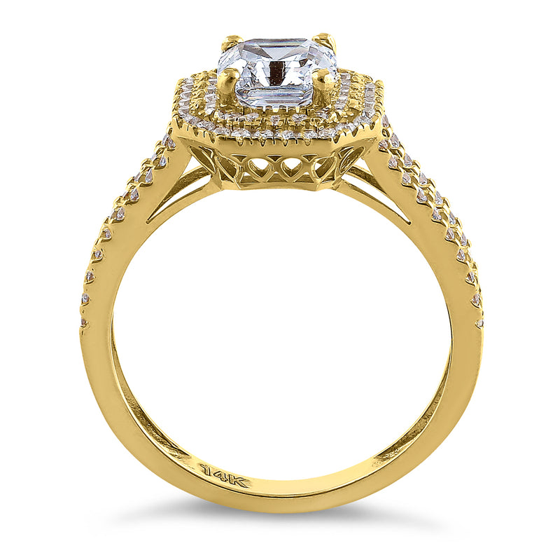 Solid 14K Yellow Gold Asscher Cut Double Halo CZ Engagement Ring