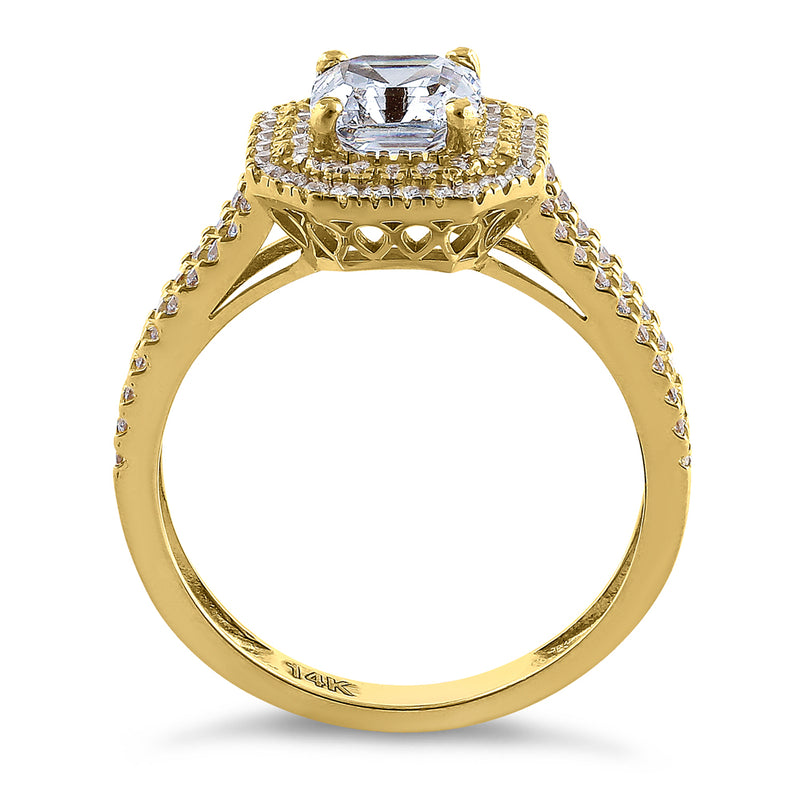 Solid 14K Yellow Gold Asscher Cut Double Halo CZ Engagement Ring