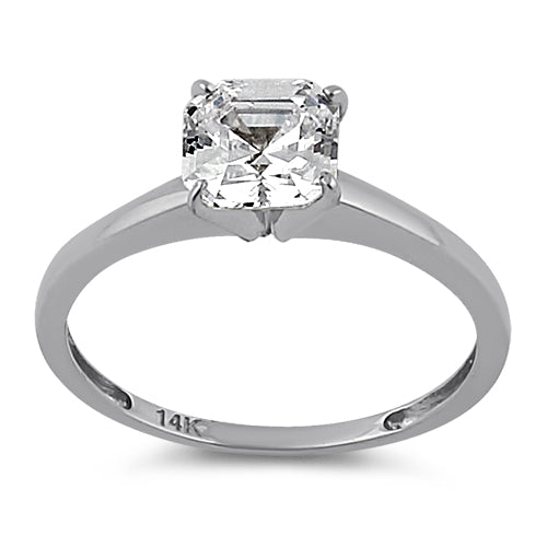 Solid 14K White Gold Asscher 6.5mm Clear CZ Engagement Ring