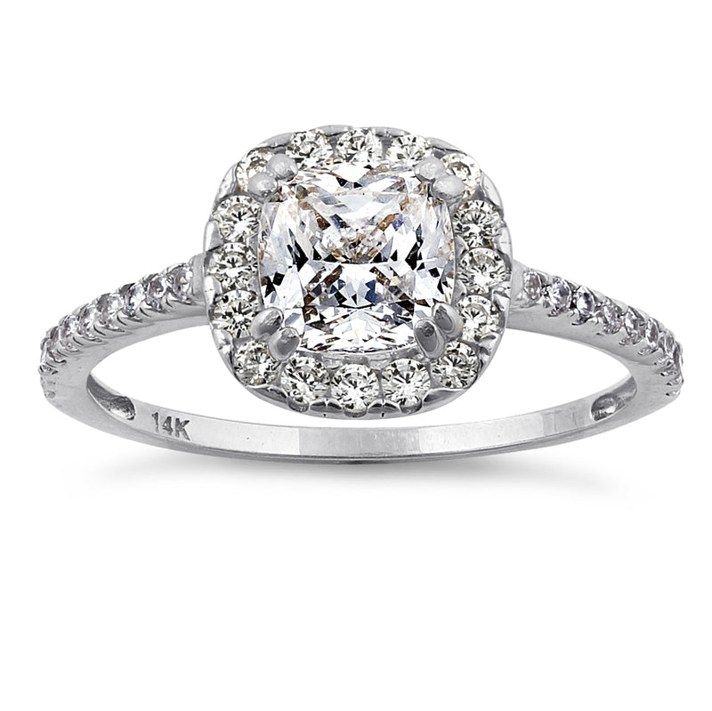 Solid 14K White Gold Cushion Halo Engagement Clear CZ Ring