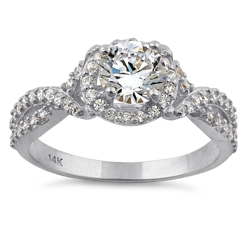 Solid 14K White Gold Twist Round Halo Engagement Clear CZ Ring