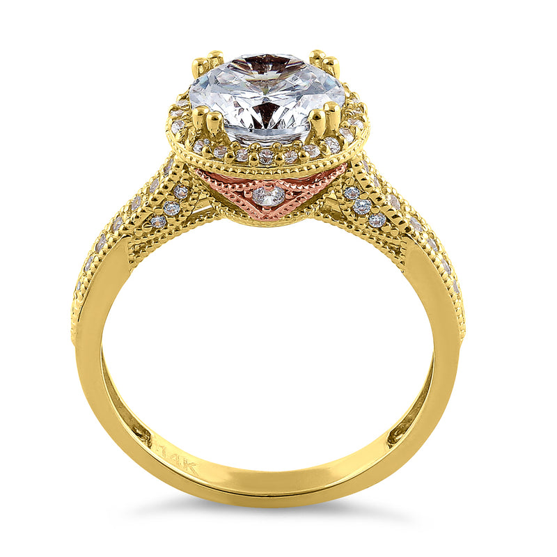 Solid 14K Yellow Gold & Rose Gold Plated Round Cut Halo CZ Engagement Ring