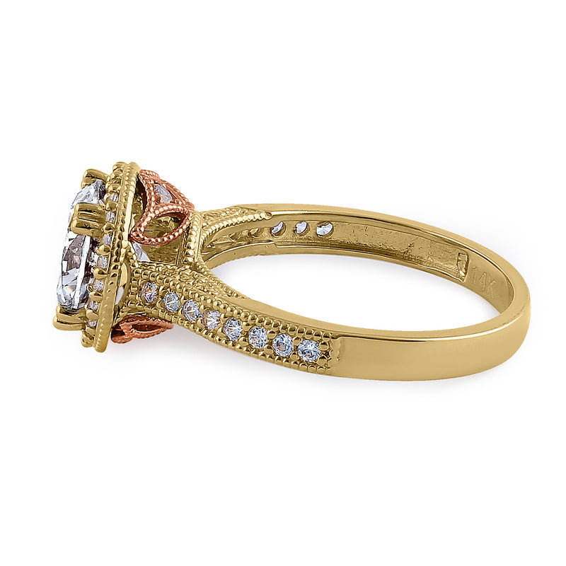 Solid 14K Yellow Gold & Rose Gold Plated Round Cut Halo CZ Engagement Ring