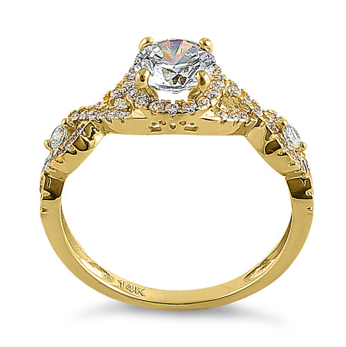 Solid 14K Yellow Gold Regal Twist Halo Round CZ Engagement Ring