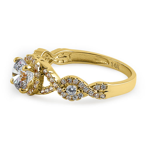 Solid 14K Yellow Gold Regal Twist Halo Round CZ Engagement Ring