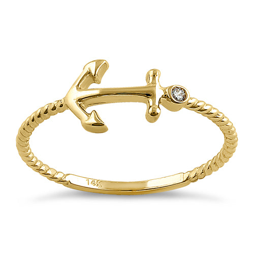 Solid 14K Yellow Gold Anchor Round CZ Ring