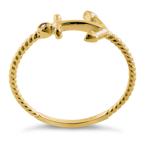 Solid 14K Yellow Gold Anchor Round CZ Ring