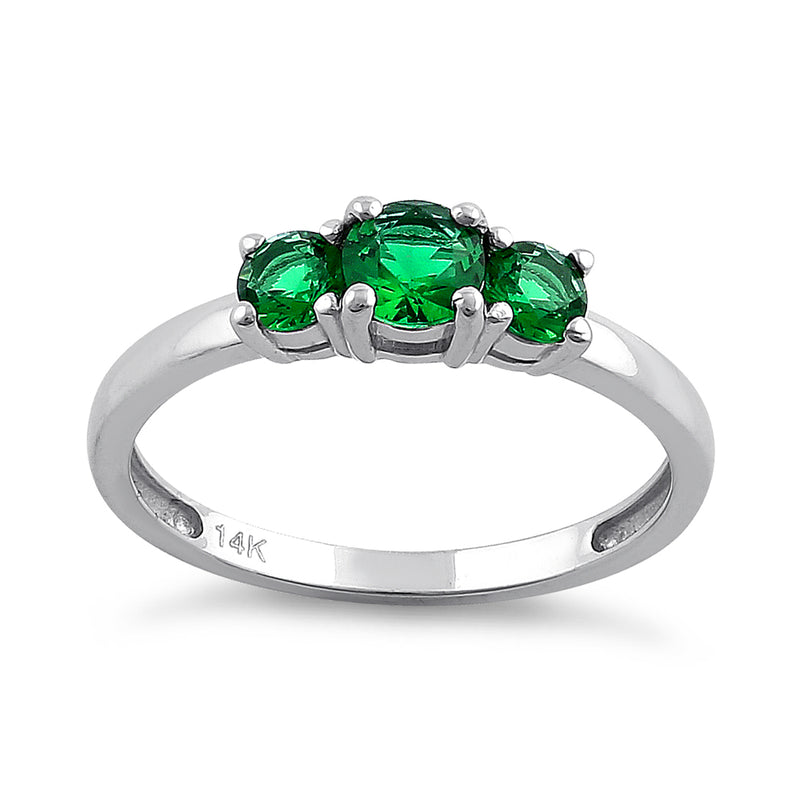 Solid 14K White Gold Triple Round Green CZ Ring