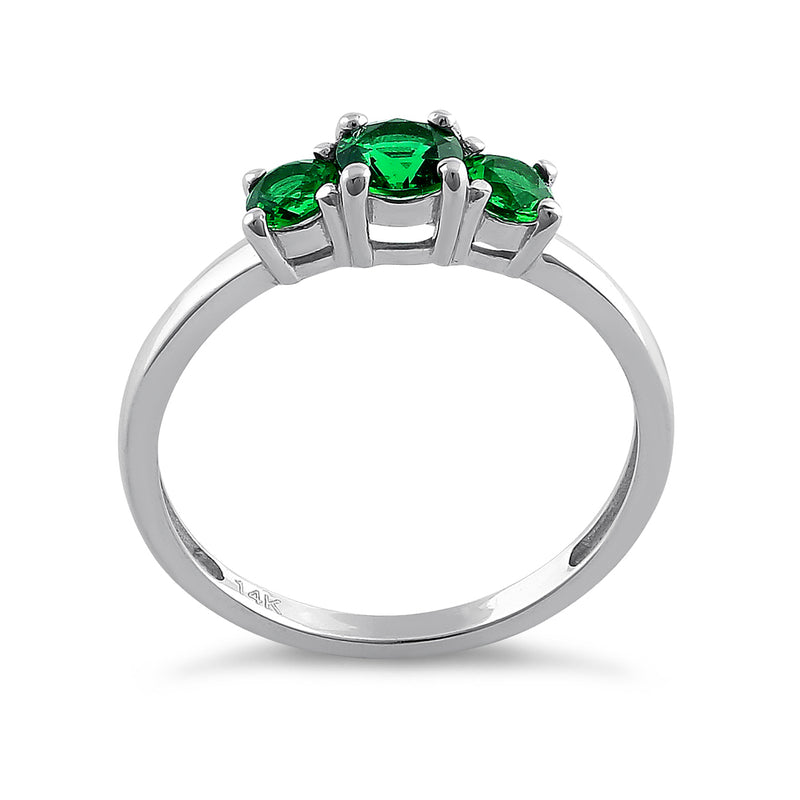 Solid 14K White Gold Triple Round Green CZ Ring