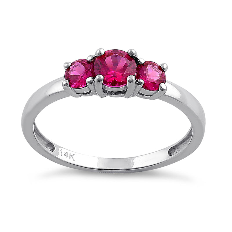 Solid 14K White Gold Triple Round Ruby CZ Ring
