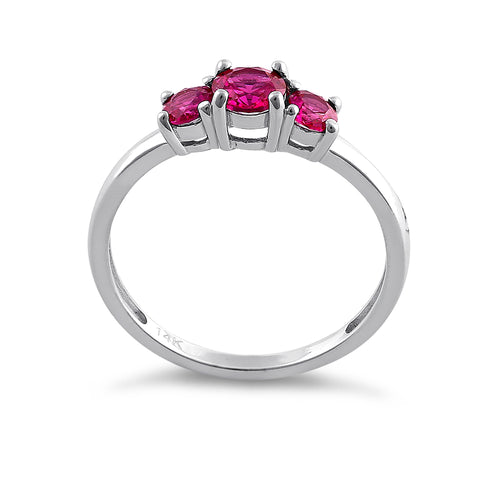 Solid 14K White Gold Triple Round Ruby CZ Ring