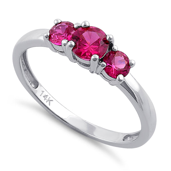 Solid 14K White Gold Triple Round Ruby CZ Ring