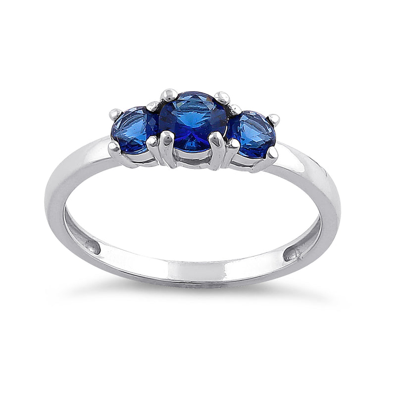 Solid 14K White Gold Triple Round Blue Sapphire CZ Ring