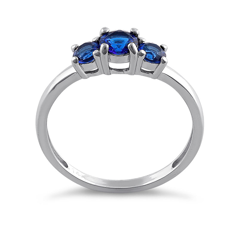 Solid 14K White Gold Triple Round Blue Sapphire CZ Ring