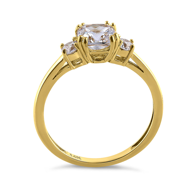 Solid 14K Yellow Gold Cushion Cut Triple CZ Engagement Ring