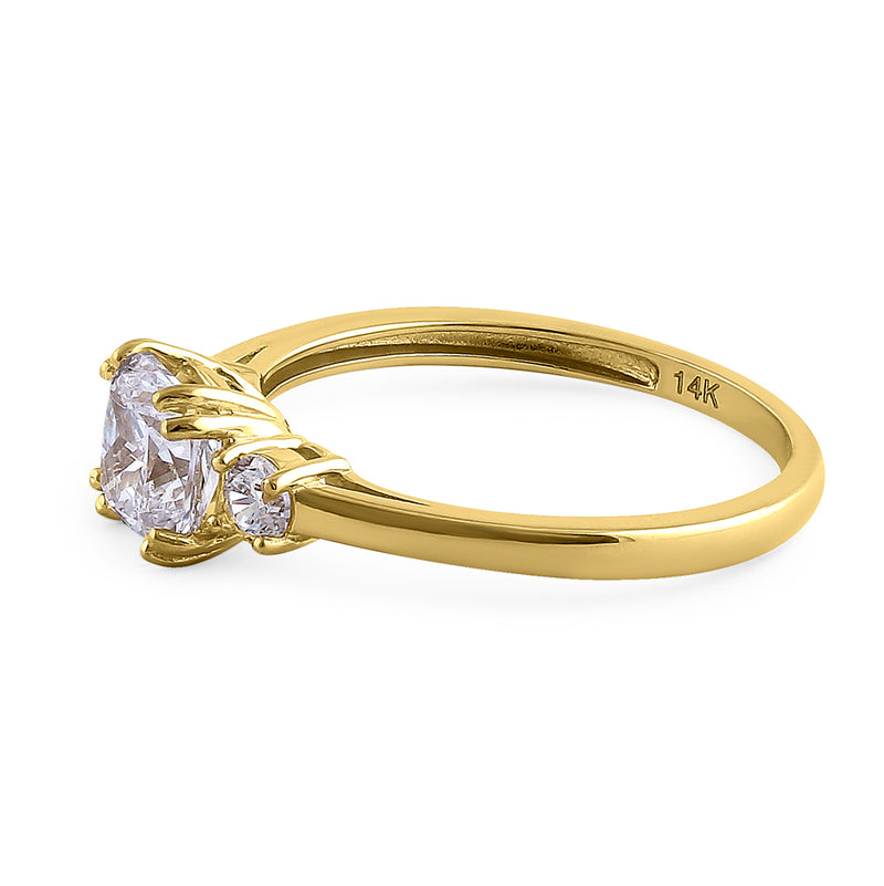 Solid 14K Yellow Gold Cushion Cut Triple CZ Engagement Ring