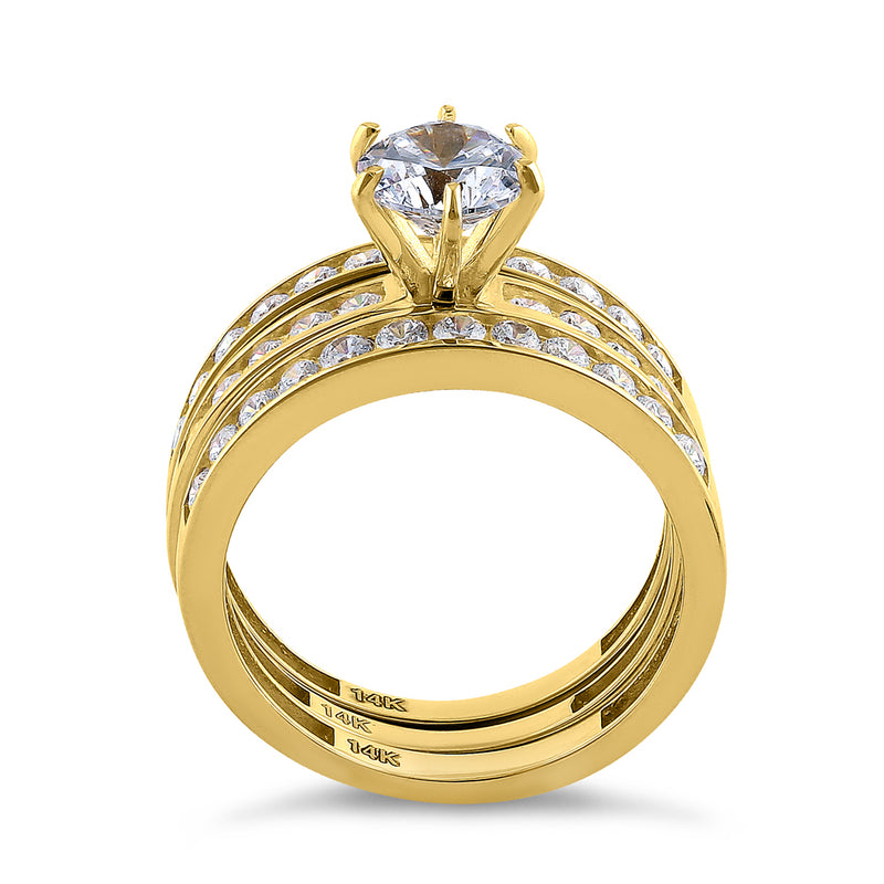 Solid 14K Yellow Gold Round Cut Triple CZ Ring Engagement Set