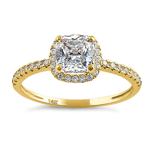 Solid 14K Yellow Gold Halo Cushion Cut CZ Engagement Ring