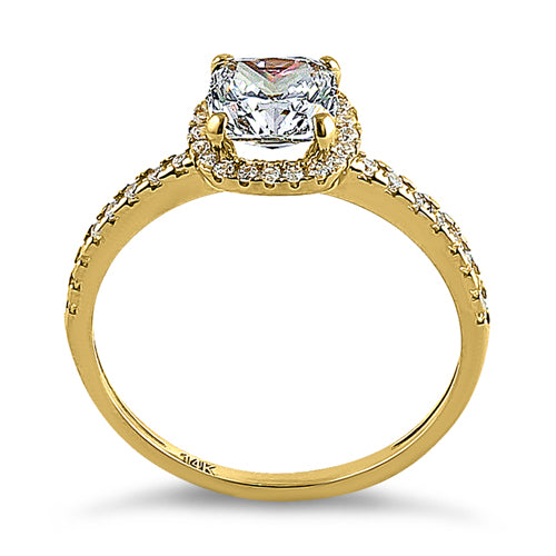 Solid 14K Yellow Gold Halo Cushion Cut CZ Engagement Ring