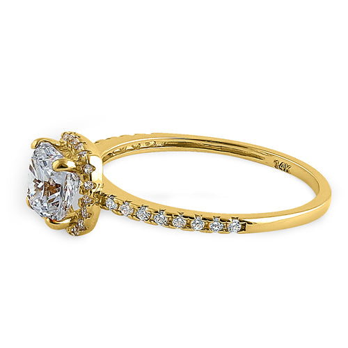 Solid 14K Yellow Gold Halo Cushion Cut CZ Engagement Ring