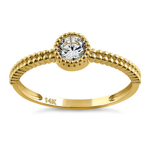 Solid 14K Yellow Gold Beaded Round CZ Ring