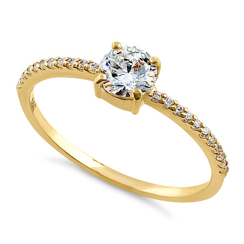Solid 14K Yellow Gold Classic Round Clear CZ Engagement Ring