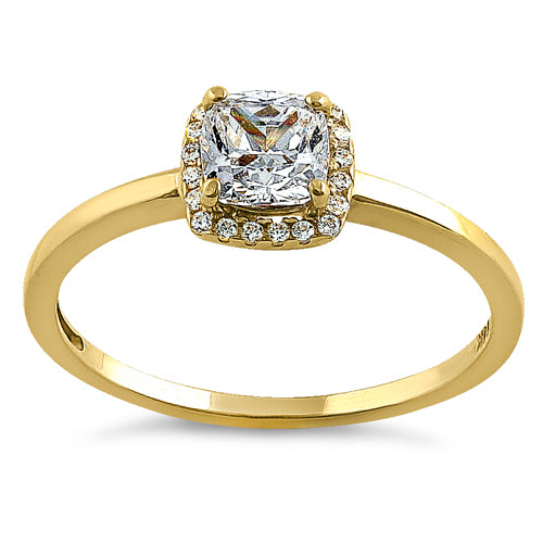 Solid 14K Yellow Gold Simple Halo Cushion Cut CZ Engagement Ring