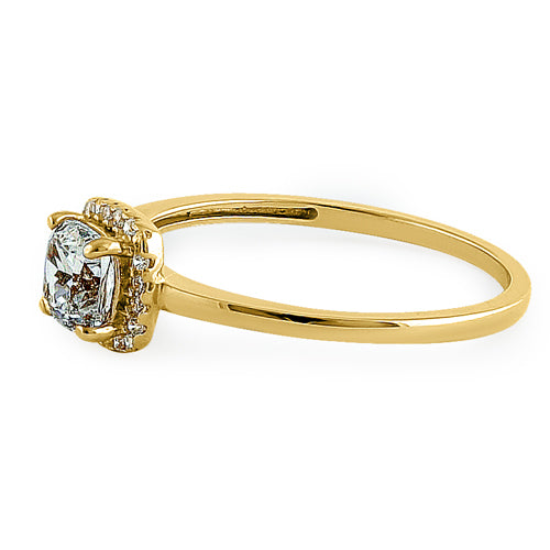 Solid 14K Yellow Gold Simple Halo Cushion Cut CZ Engagement Ring