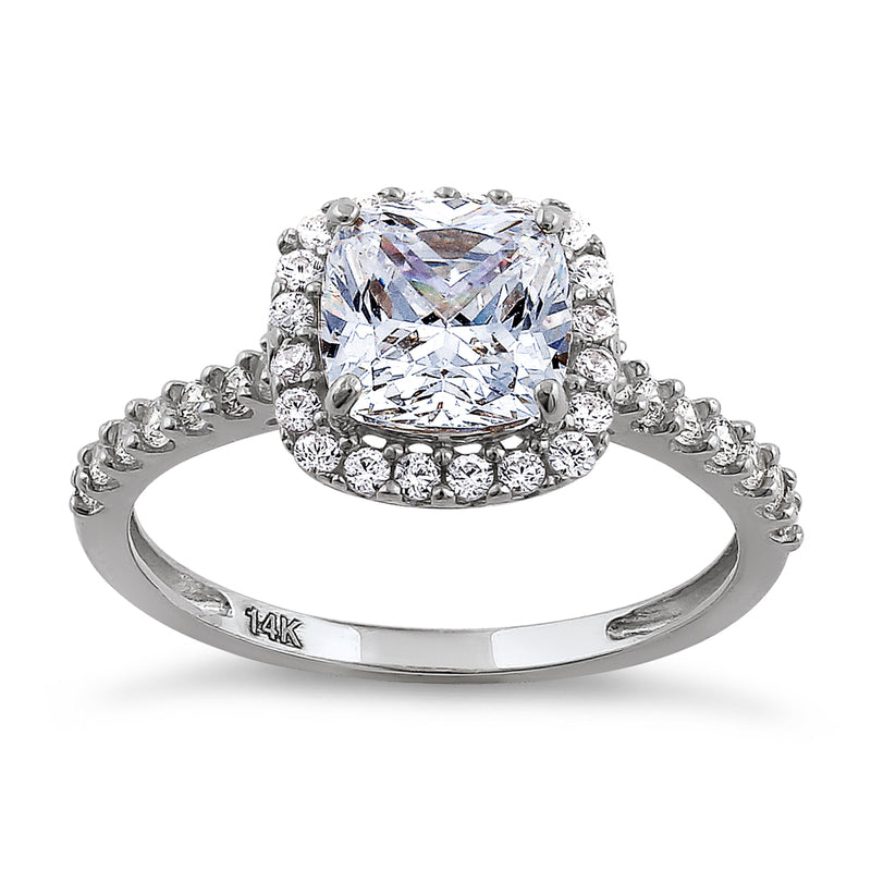 Solid 14K White Gold Cushion Cut Halo CZ Engagement Ring