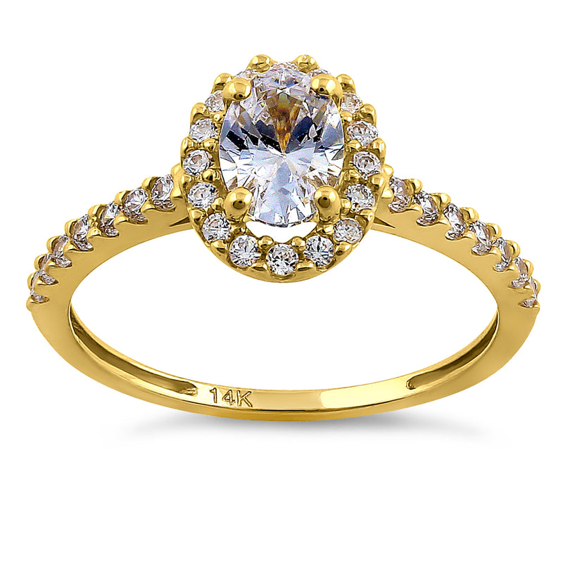Solid 14K Yellow Gold Oval Cut Halo CZ Engagement Ring