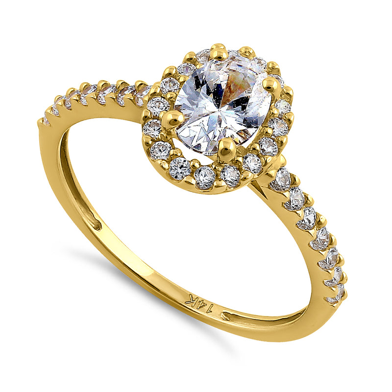 Solid 14K Yellow Gold Oval Cut Halo CZ Engagement Ring