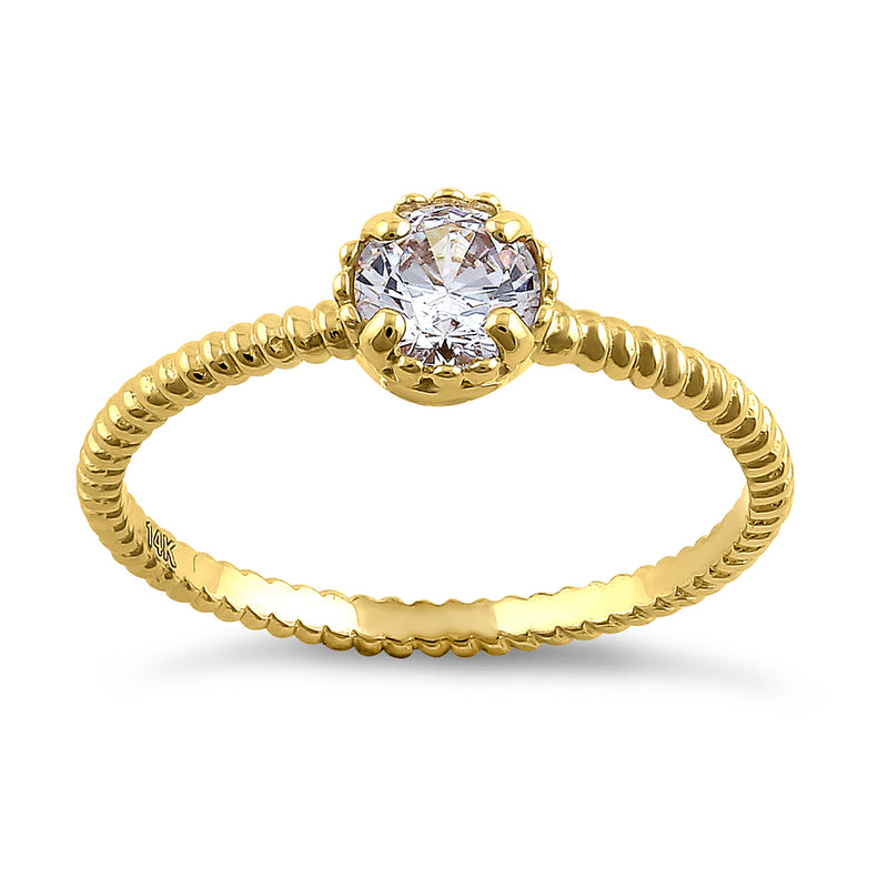 Solid 14K Yellow Gold Round Cut Rope CZ Ring