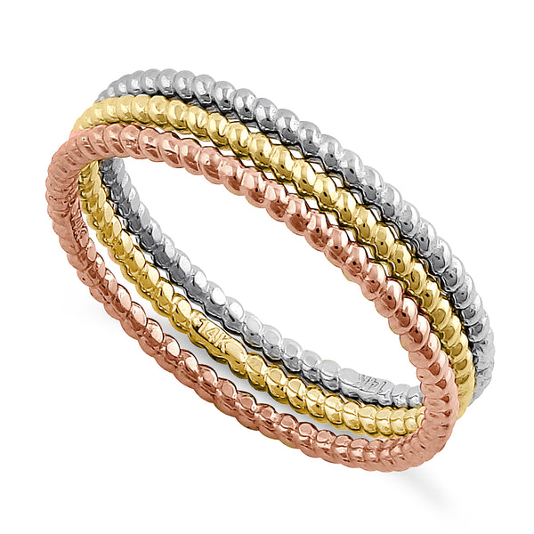 Solid 14K Yellow, Rose, & White Gold Rope Ring Set