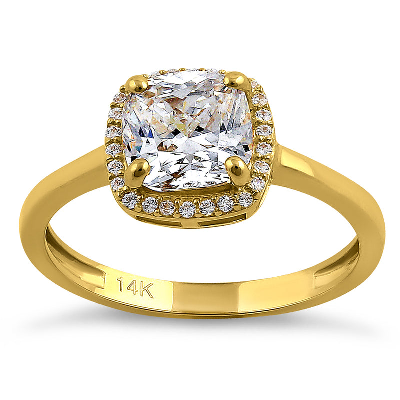 Solid 14K Yellow Gold Cushion Cut Halo CZ Engagement Ring