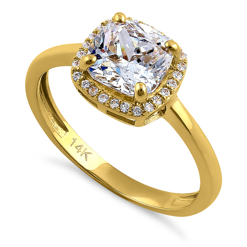 Solid 14K Yellow Gold Cushion Cut Halo CZ Engagement Ring