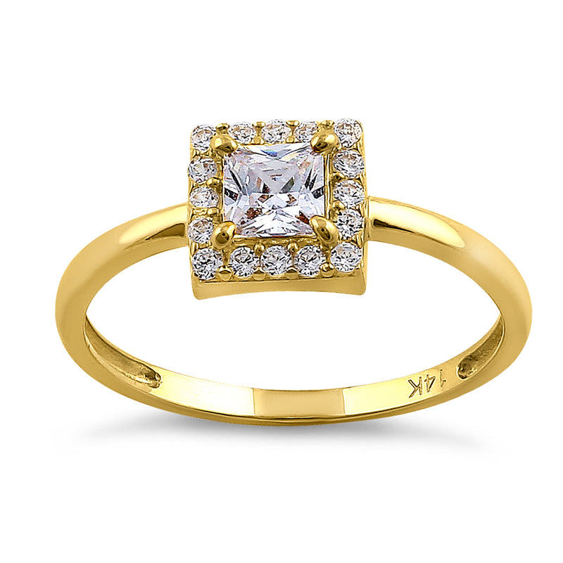 Solid 14K Yellow Gold Princess Cut Halo CZ Engagement Ring