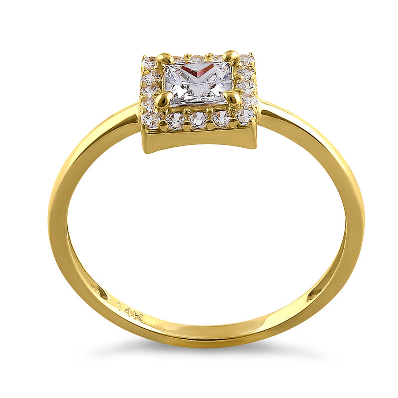 Solid 14K Yellow Gold Princess Cut Halo CZ Engagement Ring