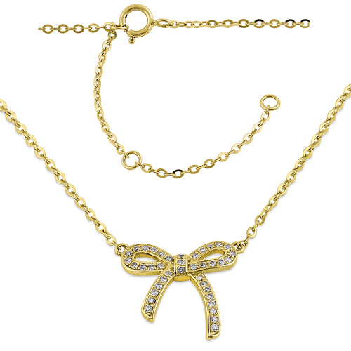 Solid 14K Yellow Gold Bow Diamond Necklace
