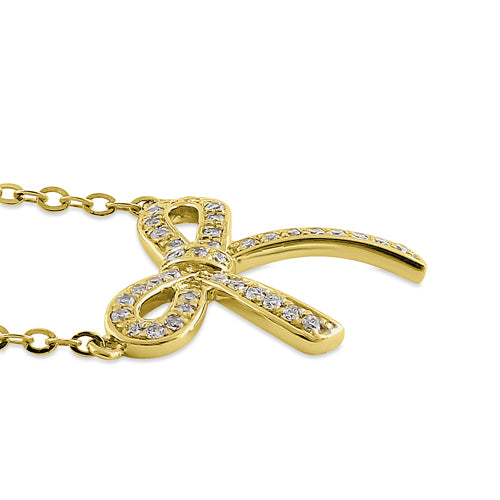 Solid 14K Yellow Gold Bow Diamond Necklace