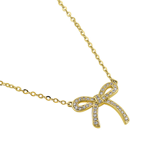 Solid 14K Yellow Gold Bow Diamond Necklace