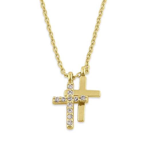 Solid 14K Gold Layered Cross Diamond Necklace