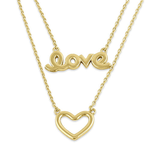 Solid 14K Yellow Gold Love and Heart Necklace