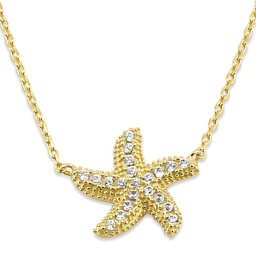 Solid 14K Yellow Gold CZ Starfish Necklace