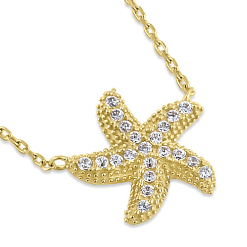 Solid 14K Yellow Gold CZ Starfish Necklace