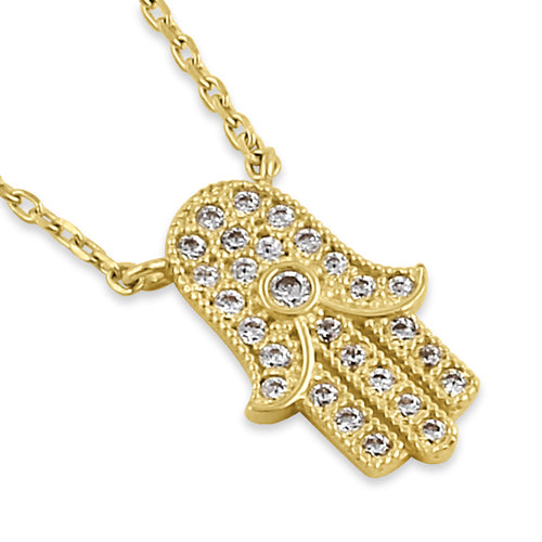 Solid 14K Yellow Gold Hamsa CZ Necklace
