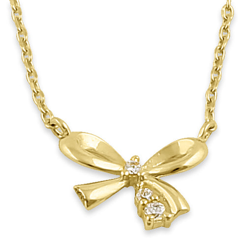 Solid 14K Yellow Gold Bow CZ Necklace